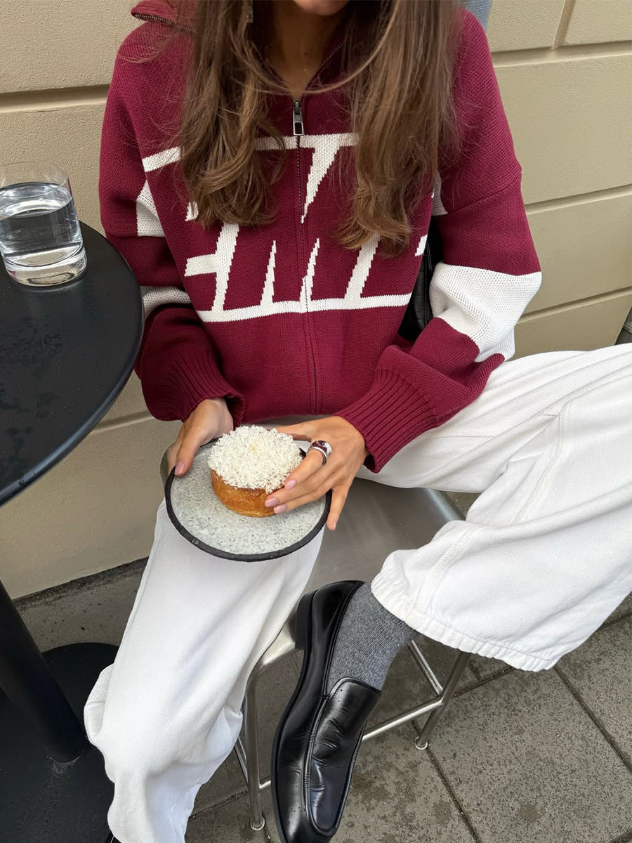 Retro Jacquard Letter Zip Up Sweater – Sporty Colorblock Knit Cardigan