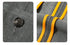Split image showing gunmetal button detail and yellow accent trim on gray dress pants