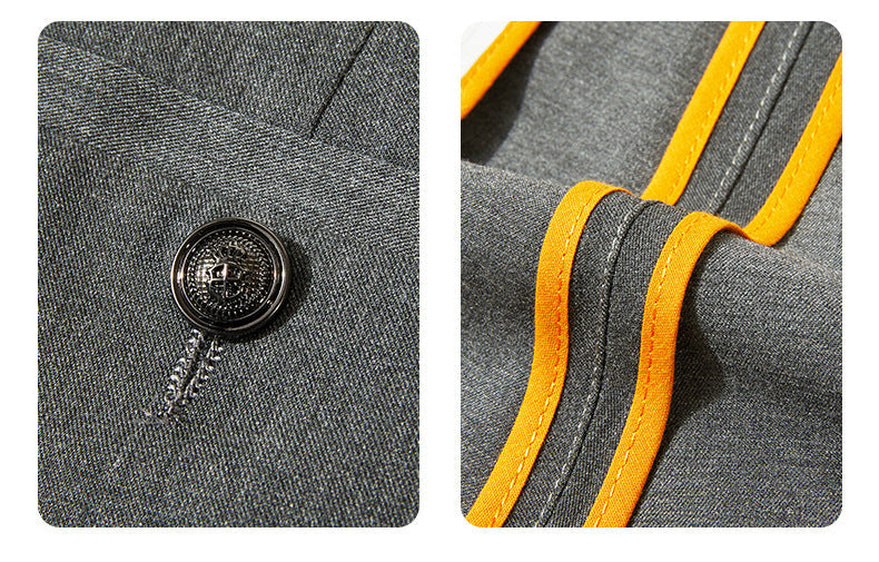 Split image showing gunmetal button detail and yellow accent trim on gray dress pants