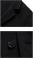 Close-up of black wool blazer fabric showing texture and button detail with four-hole construction