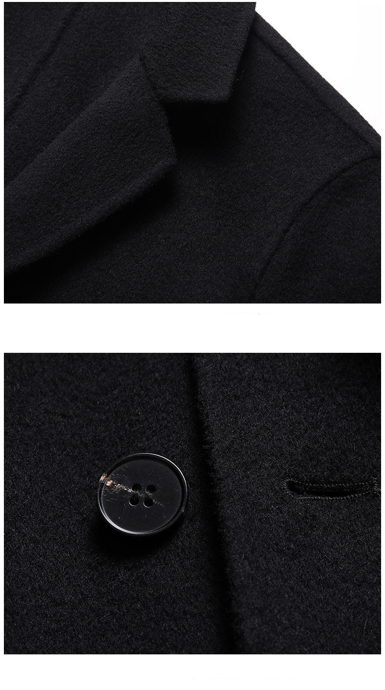 Close-up of black wool blazer fabric showing texture and button detail with four-hole construction