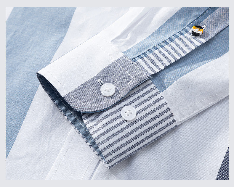 Premium shirt cuff detail showing contrast striped fabric lining and quality button placement