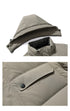 Close-up details of light beige puffer jacket showing adjustable hood drawstring and chest pocket with embossed logo branding