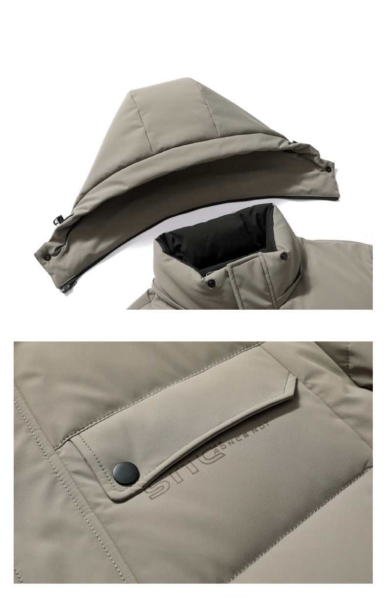 Close-up details of light beige puffer jacket showing adjustable hood drawstring and chest pocket with embossed logo branding
