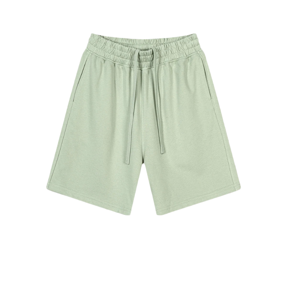 Light mint green cotton shorts with elastic waistband and drawstring, featuring side pockets and relaxed fit, displayed flat