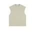 Beige oversized sleeveless muscle tee with crew neckline and manufacturer's tag visible, displayed flat against white background