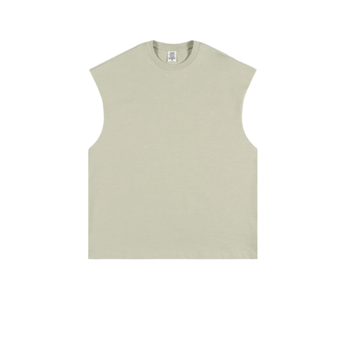 Beige oversized sleeveless muscle tee with crew neckline and manufacturer's tag visible, displayed flat against white background
