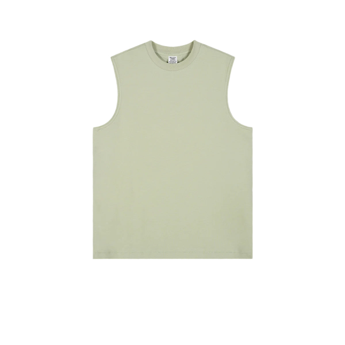 Mint green sleeveless muscle tee with crew neck displayed flat on white background