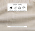 Close-up of eco-friendly cream fabric with safety certification icons showing comfortable, breathable, soft and harmless textile properties