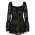 Black lace mini dress with corset bodice and bell sleeves displayed on a mannequin against white background