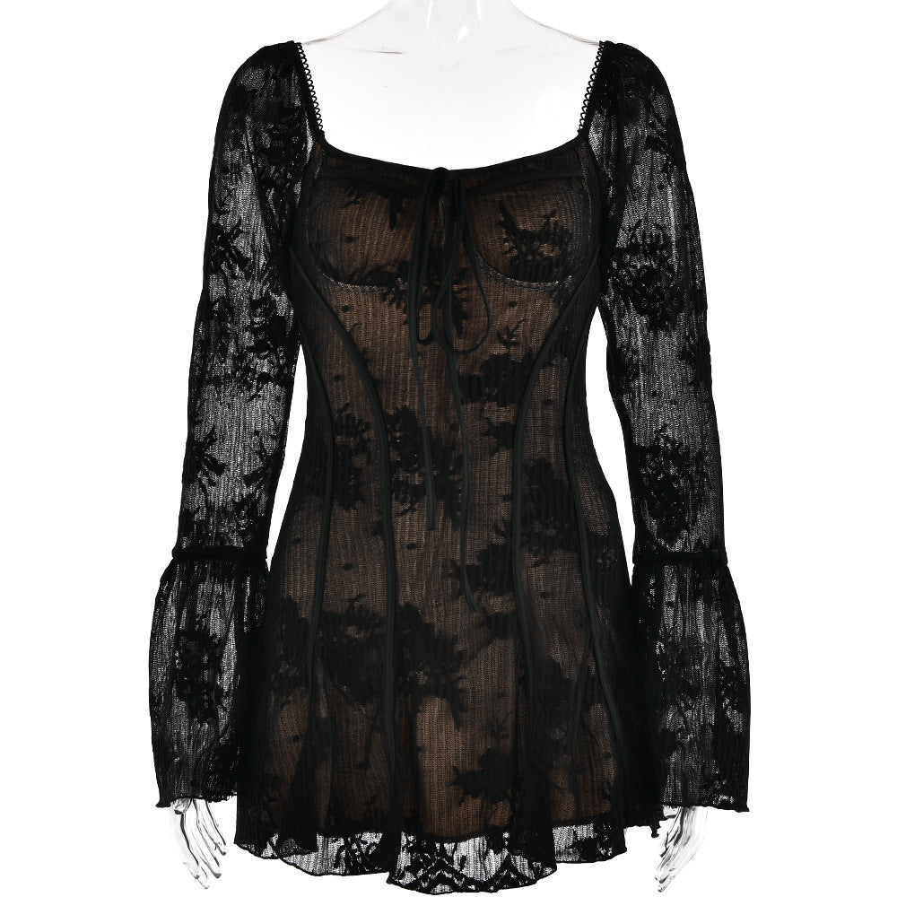 Black lace mini dress with corset bodice and bell sleeves displayed on a mannequin against white background