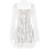 White lace mini dress with corset bodice and flared sleeves displayed on a mannequin against white background