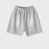 Light heather gray drawstring shorts with elastic waistband displayed flat against light gray background.