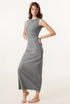 Side view of medium grey ribbed sleeveless bodycon maxi dress, showing the slim and graceful fit.