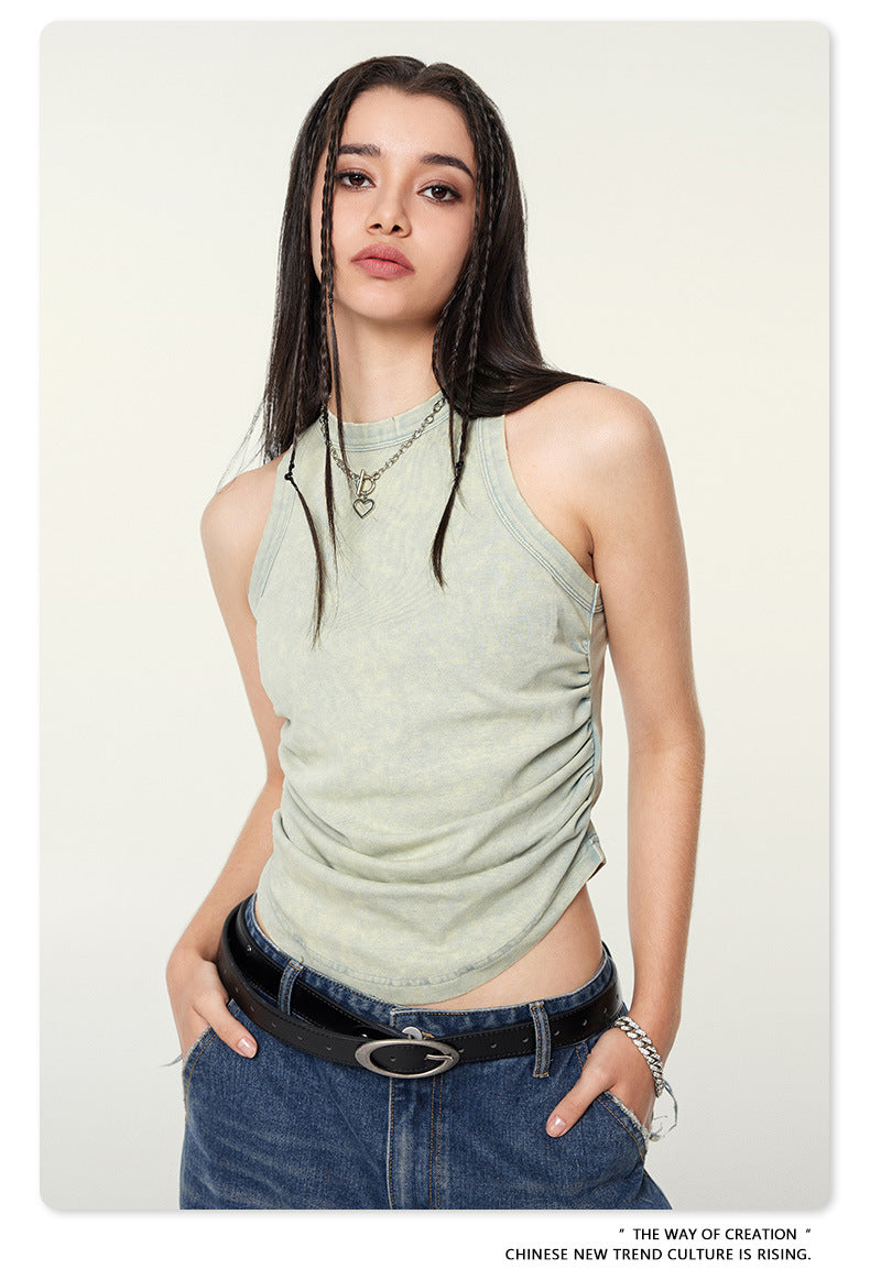 Side view of mint green tank showing gathered side detail