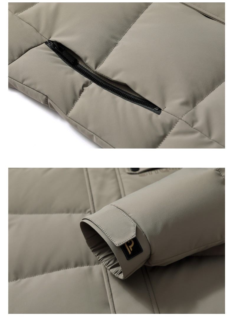 Detail shots of light beige puffer jacket showing side zippered pocket and adjustable cuff with branded detail tab
