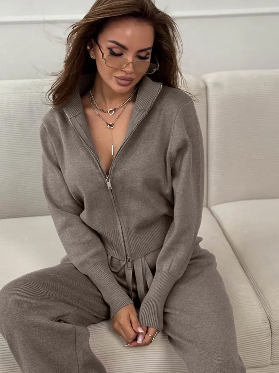 Women’s Knit 2 Piece Set – Drawstring Wide Leg Pants with Zip Jacket Top