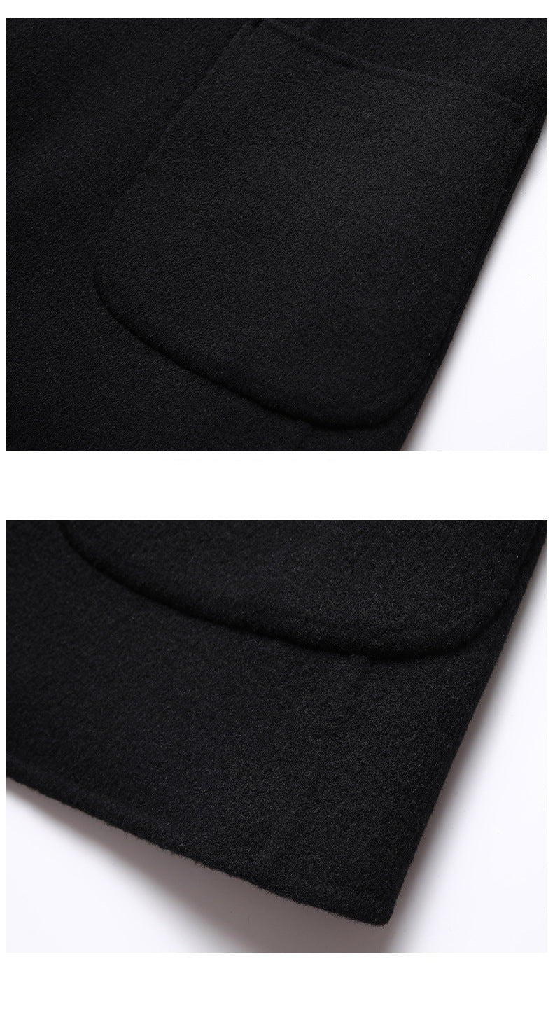 Detail of black wool blazer pocket construction showing clean stitching and rounded corner design