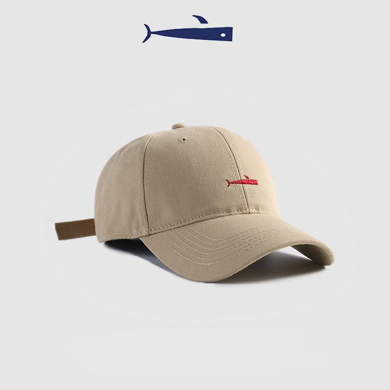 Khaki baseball cap with a red embroidered fish logo, casual and adjustable