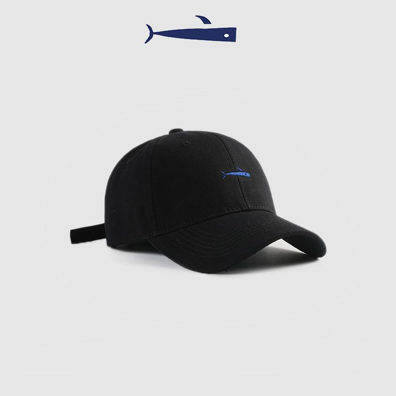 Navy baseball cap with a blue embroidered fish logo, classic and stylish