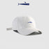 White baseball cap with a blue embroidered fish logo, clean and modern design