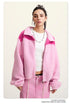 Pink fleece jacket with darker pink color-block shoulders and full zip