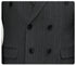 Close-up of double-breasted closure showing six-button configuration on dark pinstripe fabric