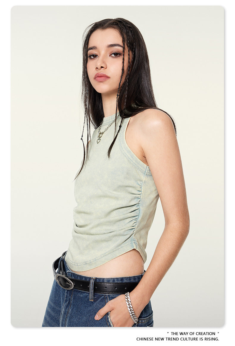 Mint green fitted tank top with side ruching detail