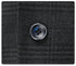 Close-up of dark gray suit button with blue accent against plaid fabric background