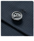 Decorative metal button on GFJFRIN blazer featuring triangular logo and 'FASHION' text embossed in silver finish