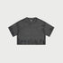 Dark gray cropped t-shirt with subtle paint effect displayed flat against white background