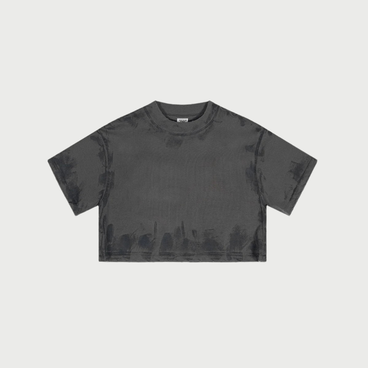 Dark gray cropped t-shirt with subtle paint effect displayed flat against white background