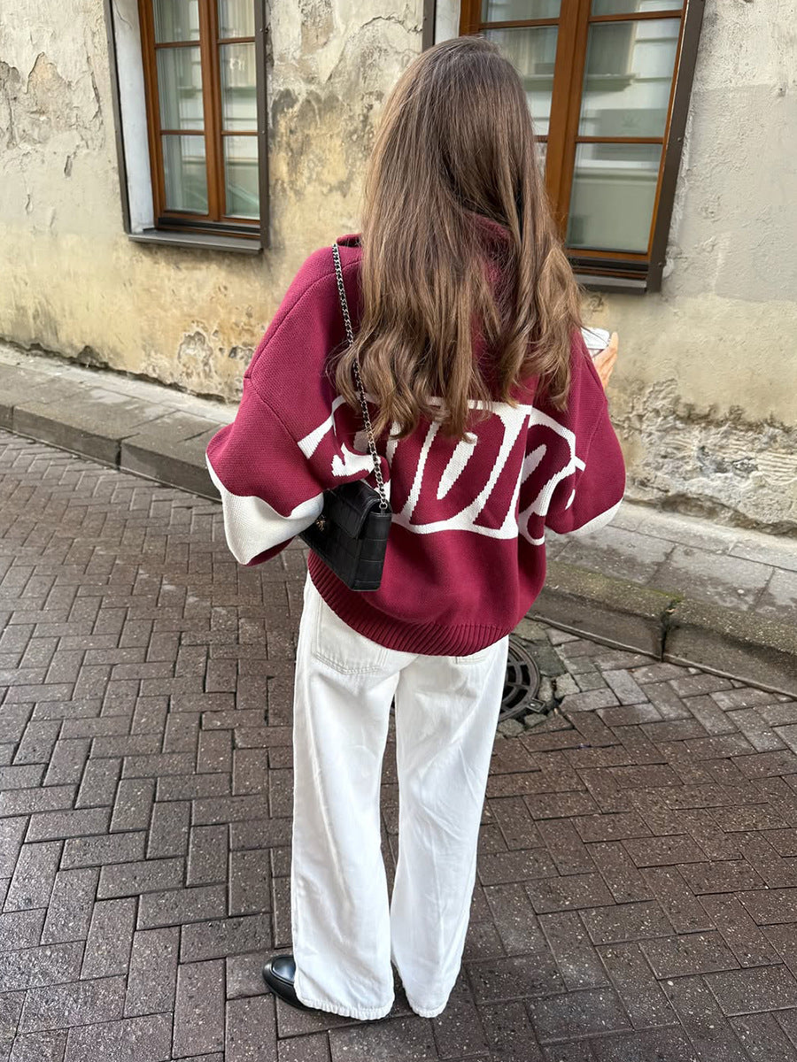 Retro Jacquard Letter Zip Up Sweater – Sporty Colorblock Knit Cardigan