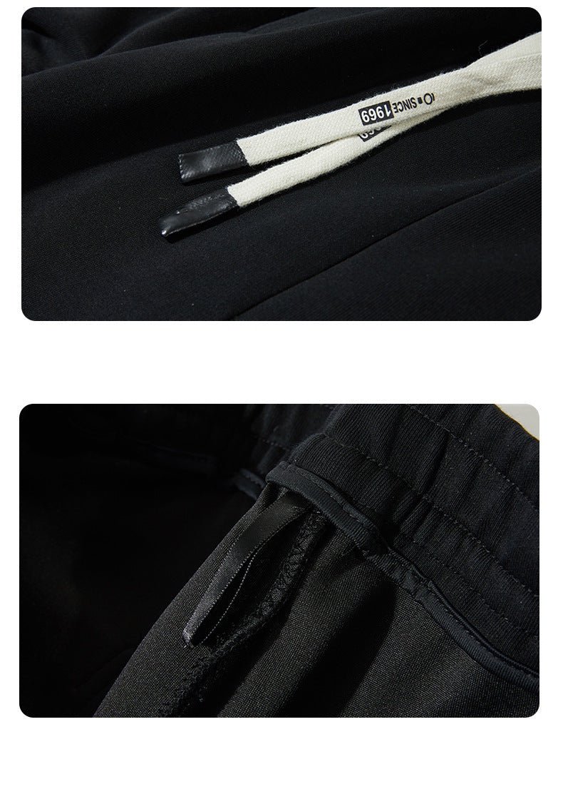 Detailed views of black pants showing drawstring and waistband construction