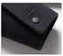 Close-up of navy wool jacket sleeve with button detail on cuff