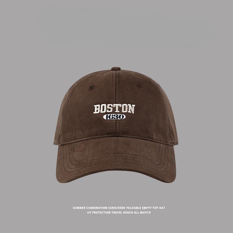 Coffee brown cotton baseball cap with white Boston embroidery, casual beach and travel accessory