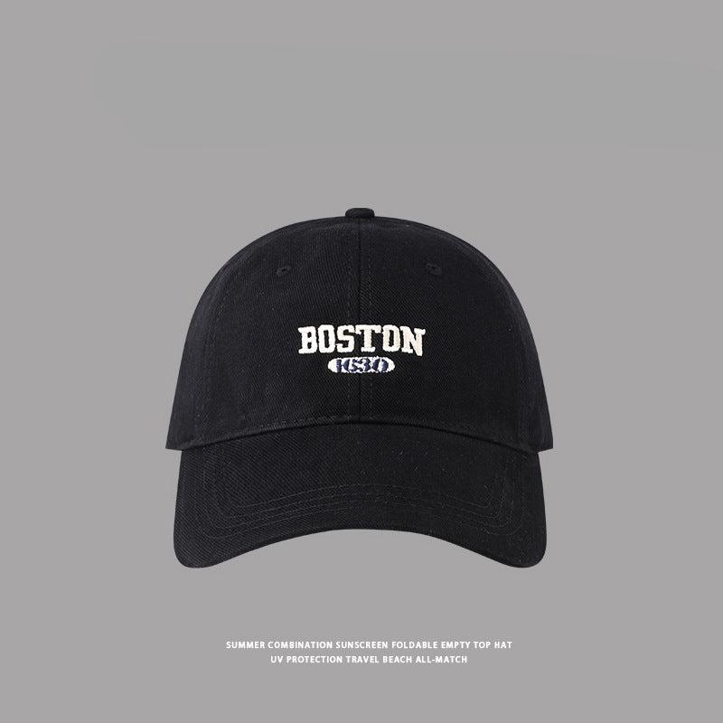 Classic black Boston baseball cap with white embroidered logo, versatile UV protection summer hat