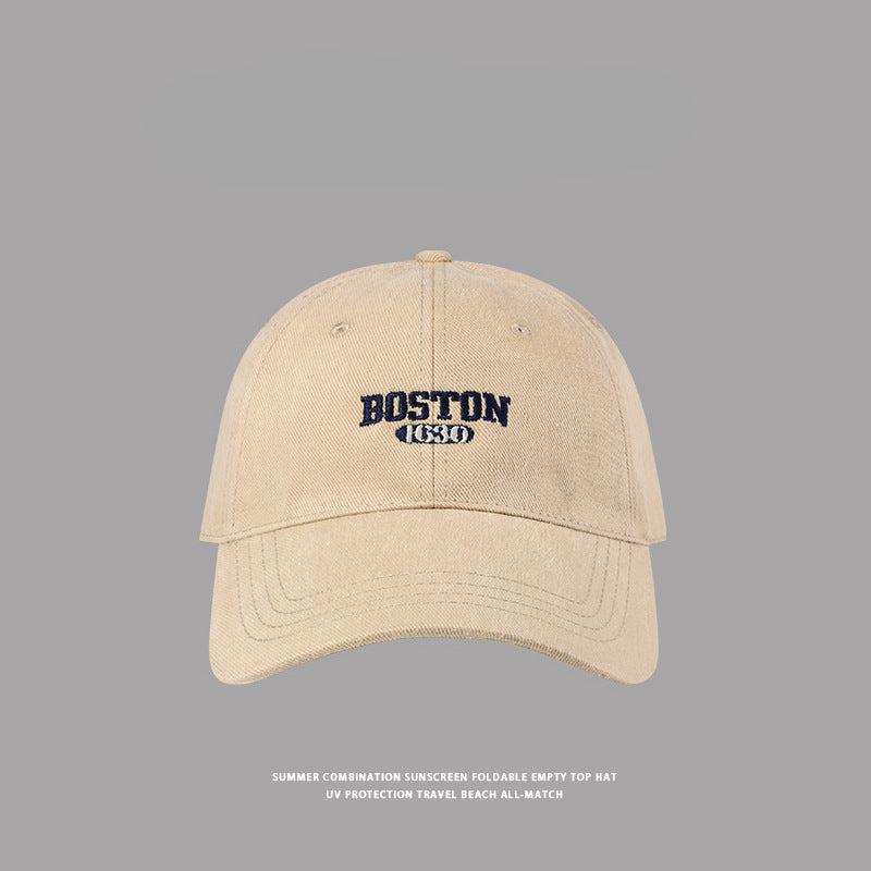 Light khaki cotton baseball cap with navy Boston embroidery, versatile all-match summer hat