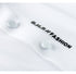 Detail of G.N.R. FASHION vertical text branding on white polo shirt placket with matching buttons