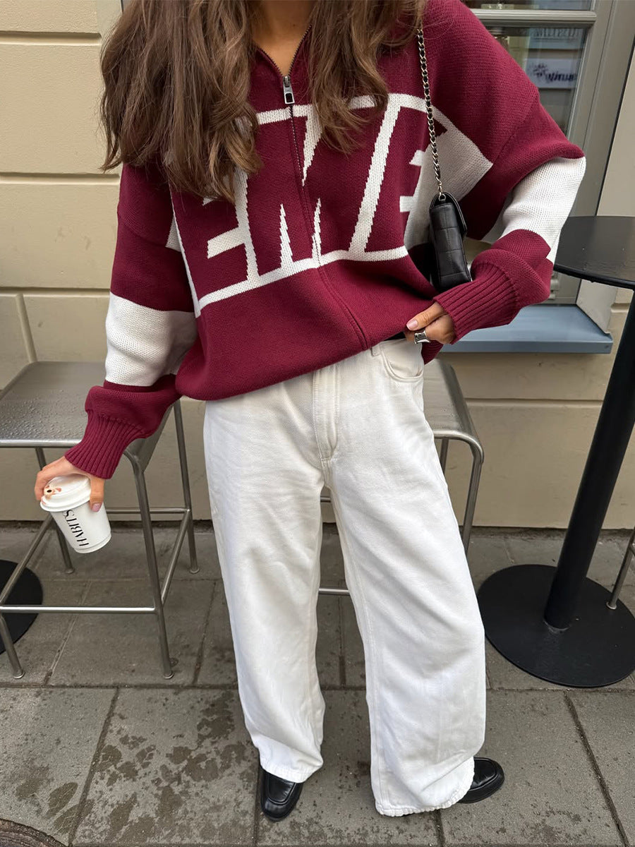 Retro Jacquard Letter Zip Up Sweater – Sporty Colorblock Knit Cardigan