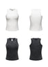White and black fitted tank tops displayed front and back, showing sleeveless racerback design and slim silhouette for layering