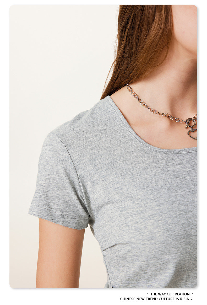 Close-up of gray t-shirt neckline and shoulder seam detail