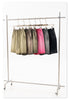 A clothing rack displaying multiple colors of washed cotton shorts including black, olive, taupe, gray and pink on hangers