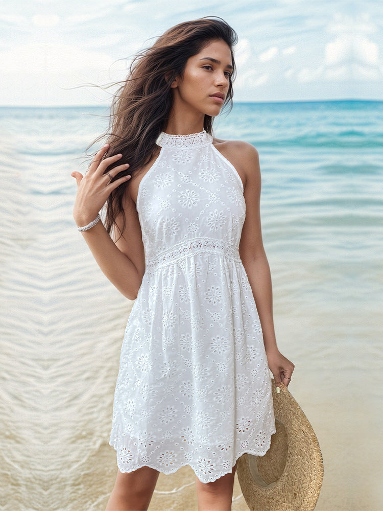 white eyelet halter dress Romantic Eyelet Lace Summer Dress with High Neck – ZINNTRA