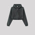 Charcoal gray cropped zip hoodie displayed against gray background. Features hood and front pockets