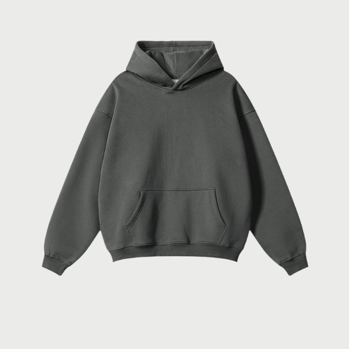 Slate gray oversized hoodie with kangaroo pocket on neutral background