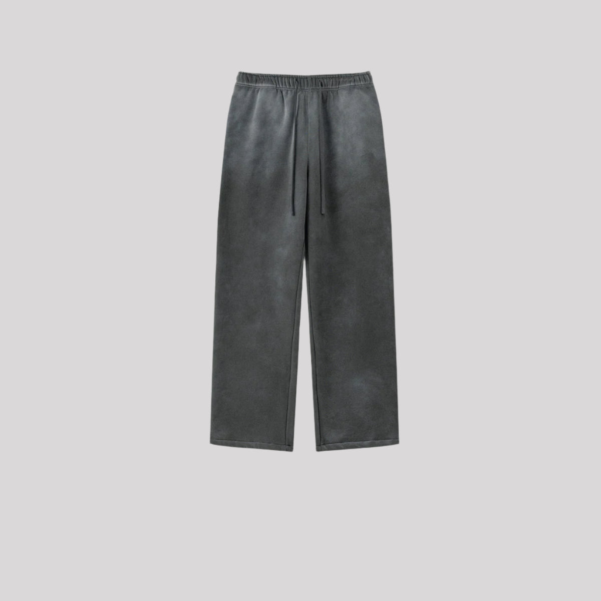 Charcoal gray sweatpants with elastic waistband and straight leg cut displayed on minimalist background