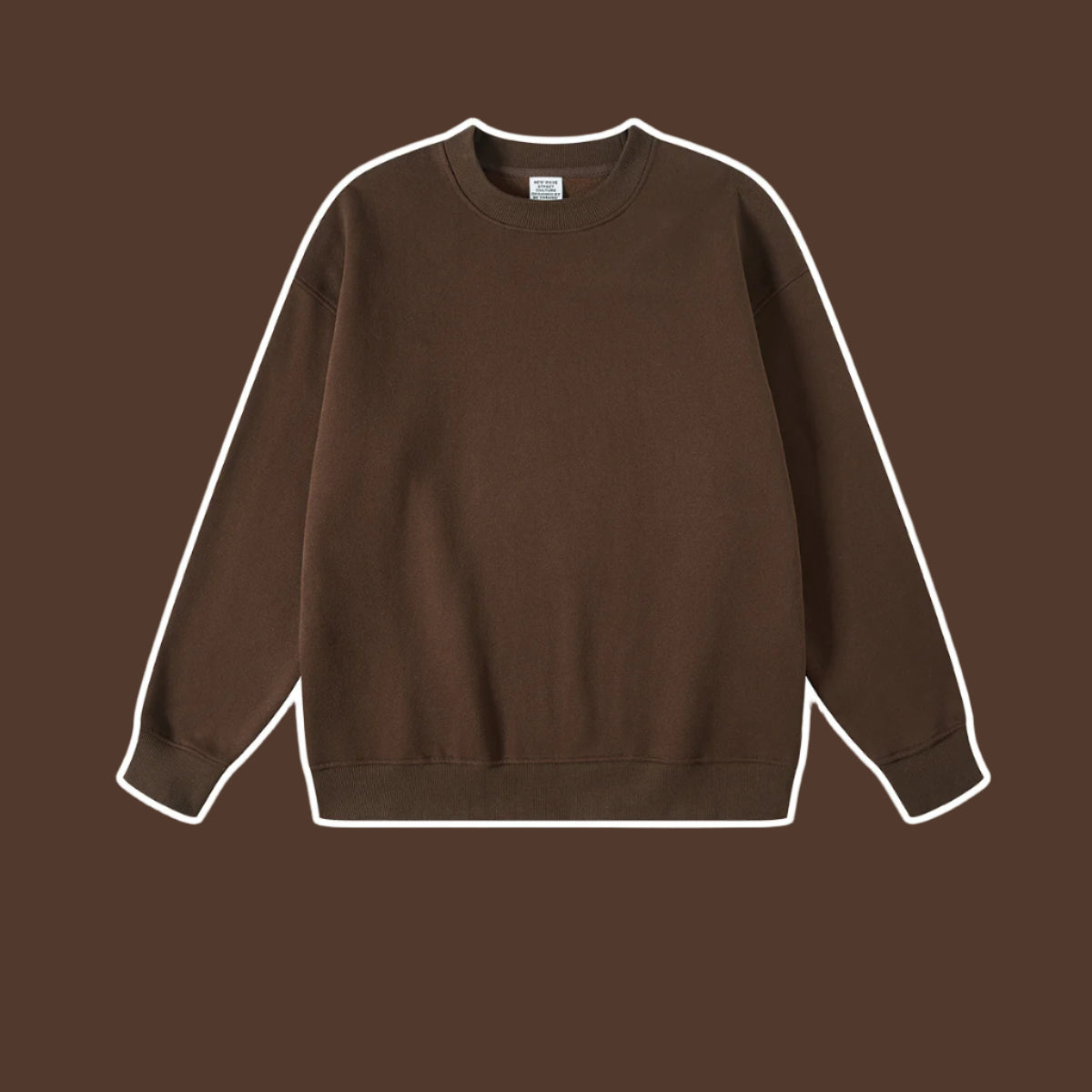 Dark brown crewneck sweatshirt with ribbed trim displayed against brown background