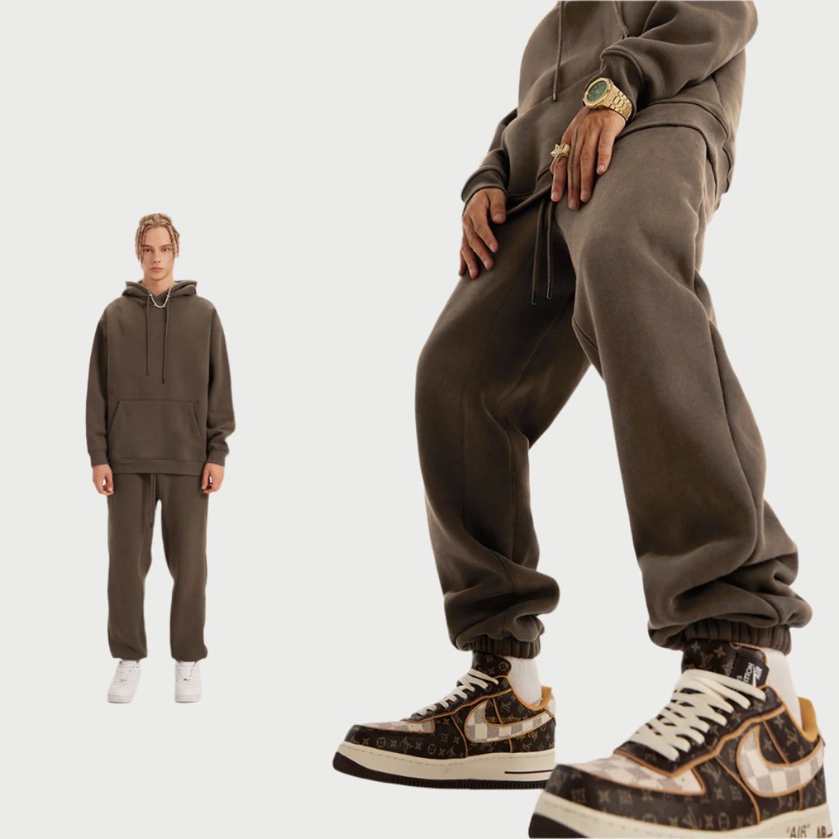 Brown sweatsuit showcased in split-view format with full outfit on left and close-up detail of jogger leg and designer sneaker on right against white background