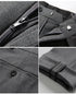 Four-panel detail image showing suit zipper, waistband closure, pocket construction and trouser cuff finishing